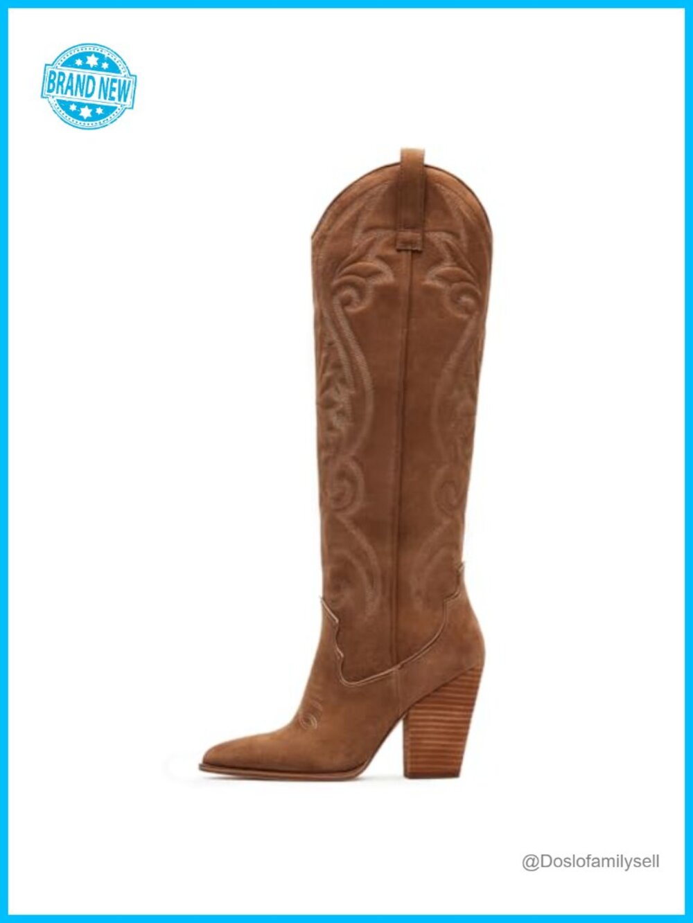 Knee High Cowboy Boots Pointed Toe Chunky Heel Embroidered Pull-On Western Boots